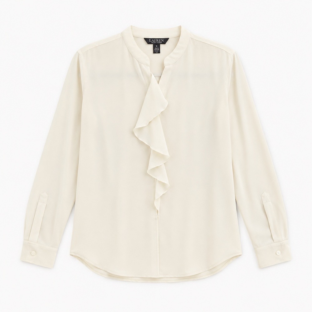 Lauren Ralph Lauren Blouse Women S Cream RN41381 Ruffle Front Long Sleeve
